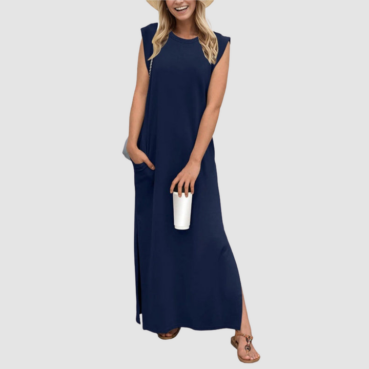 Navy blue sleeveless maxi dress with round neckline and side slit