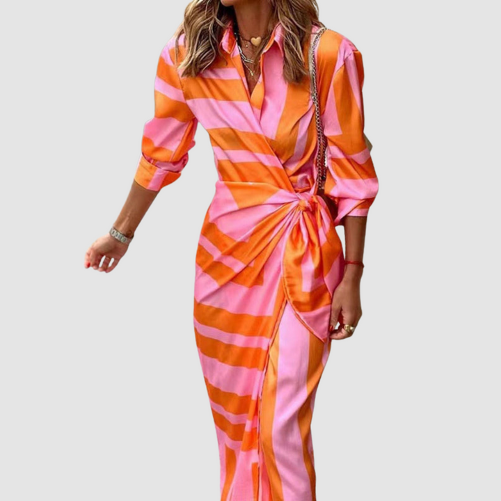 Striped wrap dress with orange and pink bands, 3/4 sleeves and knotted waist