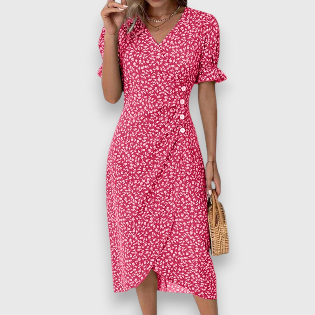 Red floral midi dress with V-neck, ruffled sleeves, and front button detail