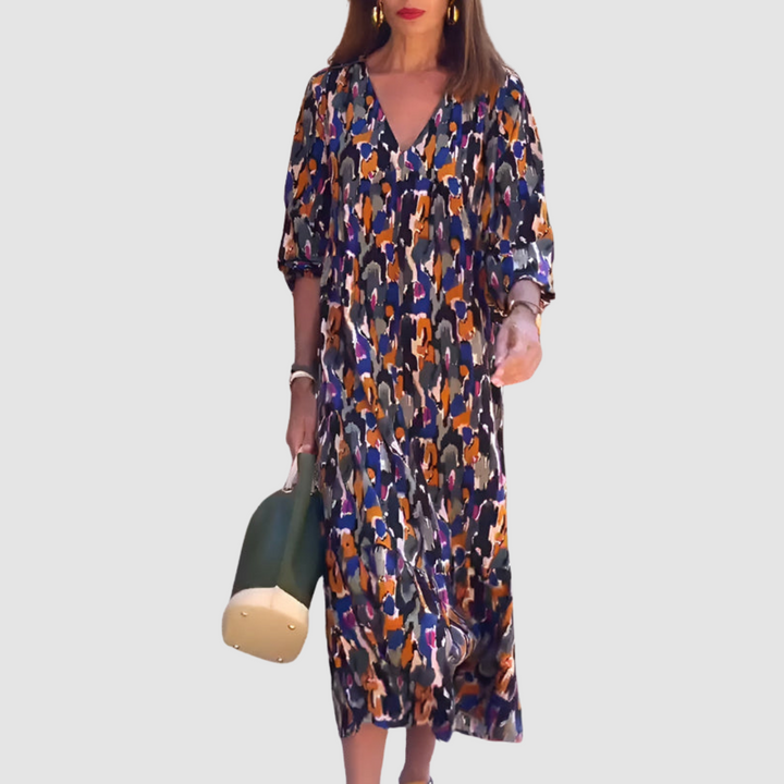 V-neck midi dress, navy and multicolor abstract print, 3/4 sleeves