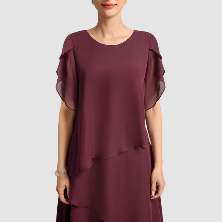 Burgundy chiffon midi dress with rounded neckline and flutter cape sleeves