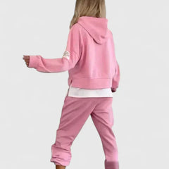 Pink back-view hooded sweatshirt and jogger set with white layered hem
