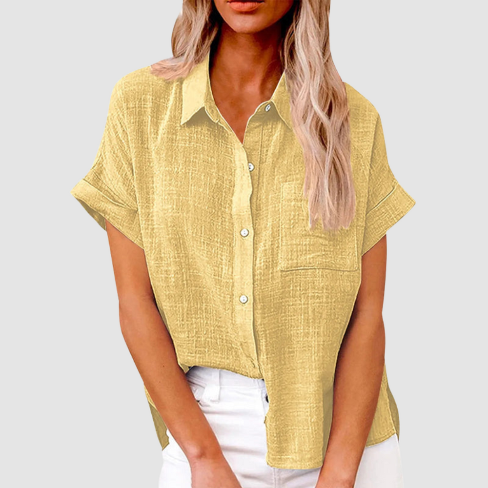 Yellow button-front short-sleeve blouse with point collar and chest pocket