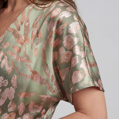 Abstract print dress close-up of short sleeve and upper back
