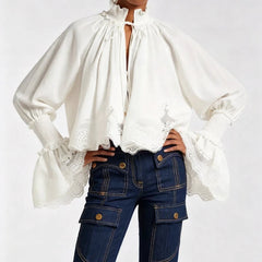 Vivienne blouse in white with ruffled high neck and puff sleeves, lace-trim hem