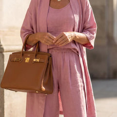 Women's elegant set in mauve pink: open kimono over matching wide-leg pants