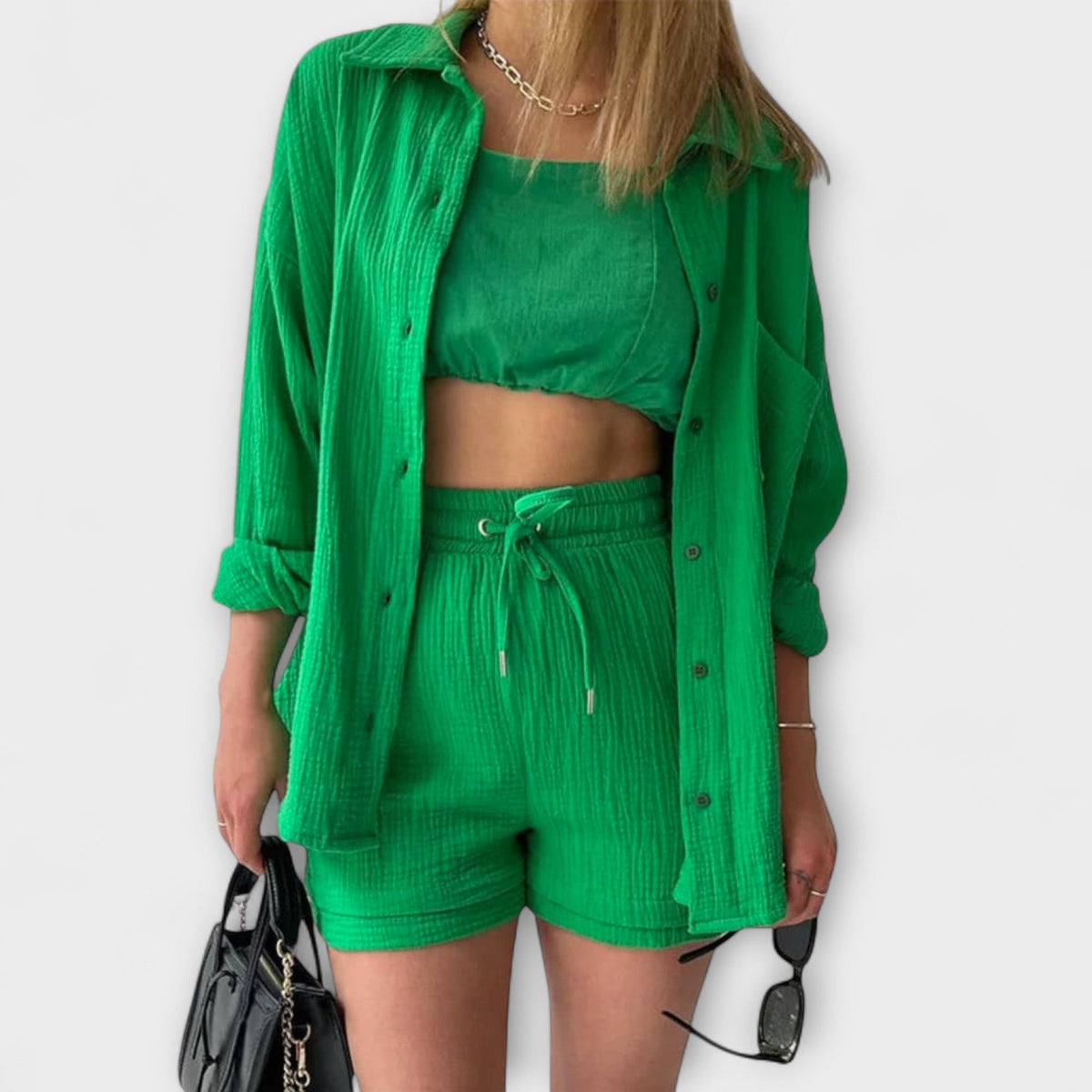 Bright green button-front top with drawstring shorts, matching two-piece set