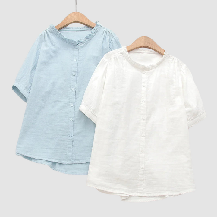 Light blue and white lightweight cotton button-up shirts with short sleeves and gathered neckline
