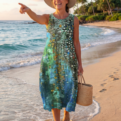 Green ocean mosaic midi dress, sleeveless round neck with flowing circular pattern