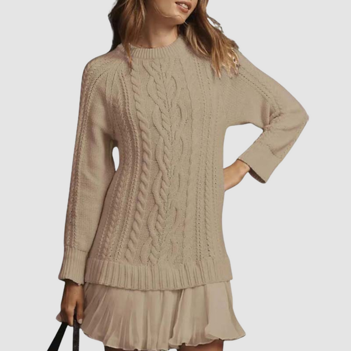 Khaki cable knit mini dress with crew neck, long sleeves, and ruffled skirt hem