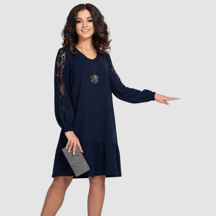 Dark blue lace-sleeve midi dress with gathered tiered hem and long puff sleeves