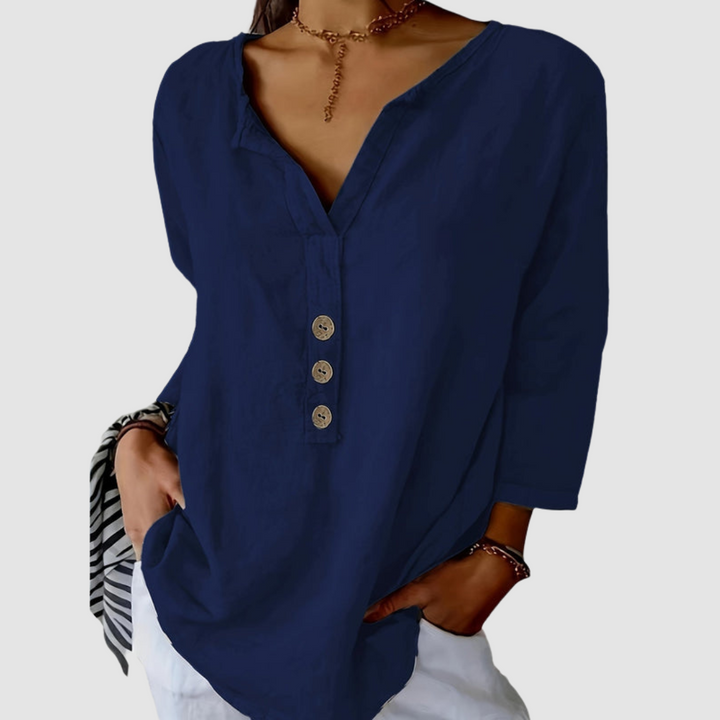 Blue cotton-linen blouse, V-neck with three-button placket and three-quarter sleeves