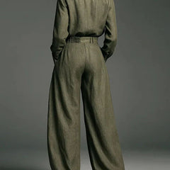 Army green shirt and wide-leg pants set, back view with belted waist