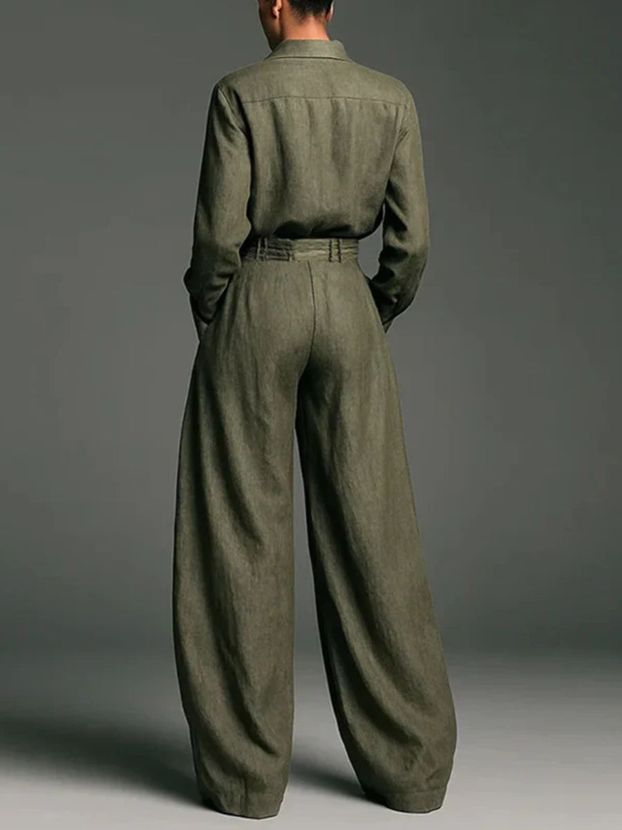 Army green shirt and wide-leg pants set, back view with belted waist