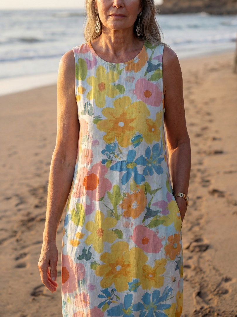 Sleeveless multicolor floral midi dress with round neckline and gathered waist
