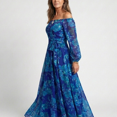 Blue floral off-shoulder maxi dress with gathered bodice and long sleeves