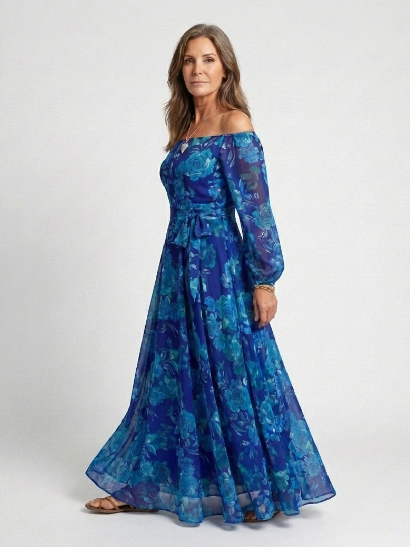 Blue floral off-shoulder maxi dress with gathered bodice and long sleeves