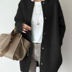 Black round-neck button-front cardigan with long sleeves