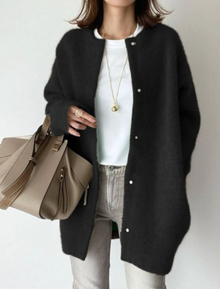 Black round-neck button-front cardigan with long sleeves