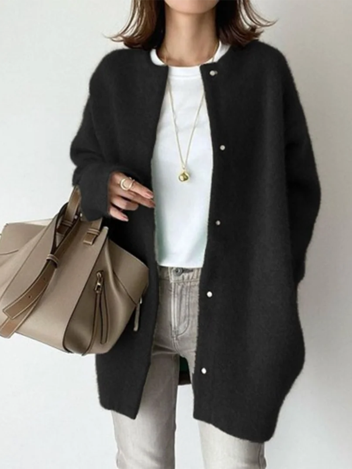 Black round-neck button-front cardigan with long sleeves