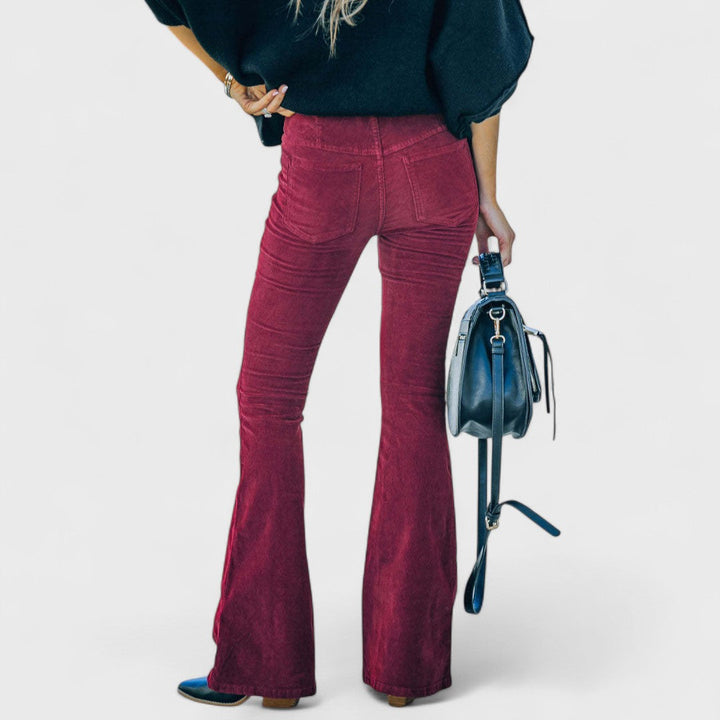 Flared corduroy trousers, deep wine red with wide bootcut legs
