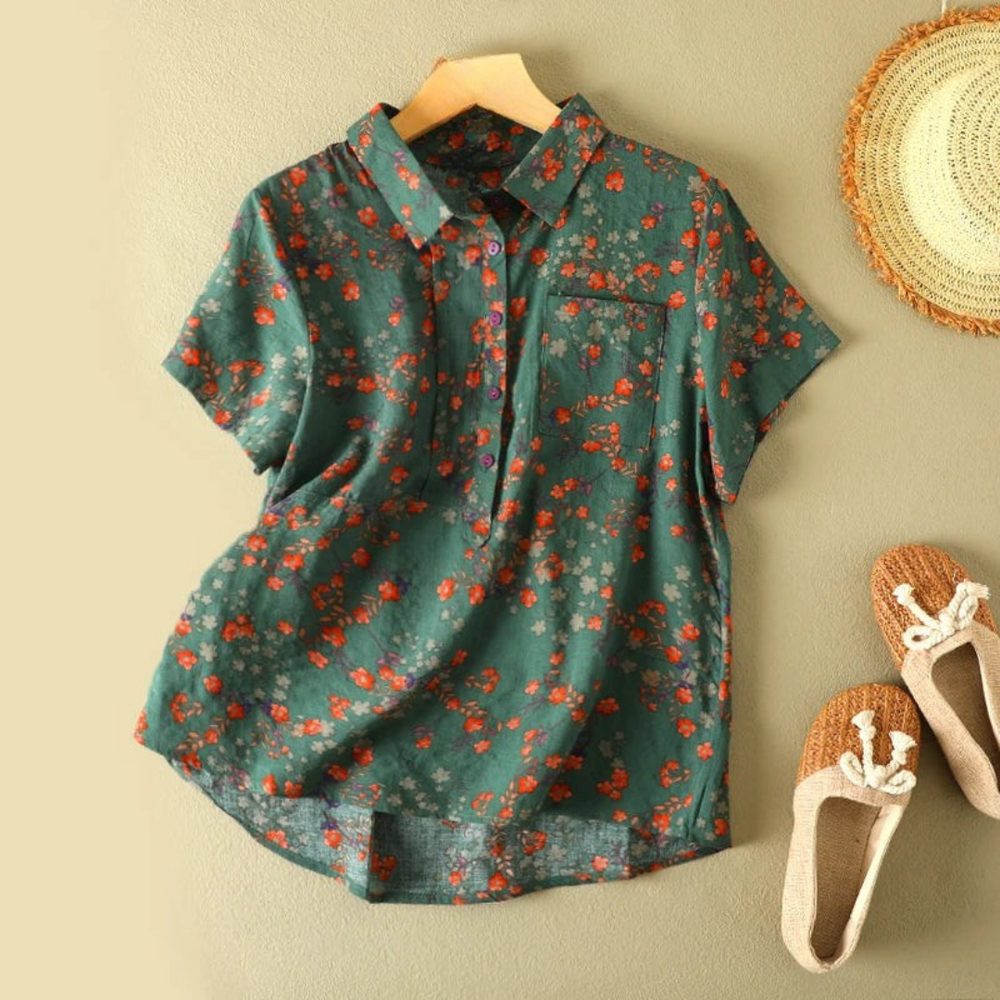Vintage floral summer shirt, green short-sleeve button-front with red-orange flower print