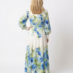 Long sleeve floral button-front maxi dress, white with blue floral print, back view