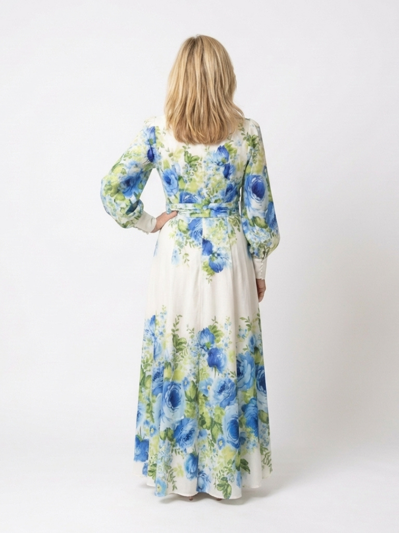 Long sleeve floral button-front maxi dress, white with blue floral print, back view
