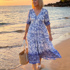 Blue porcelain floral midi dress, V-neck, 3/4 puff sleeves, tiered hem