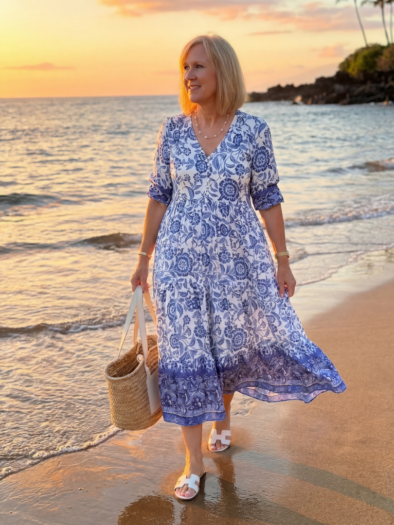Blue porcelain floral midi dress, V-neck, 3/4 puff sleeves, tiered hem