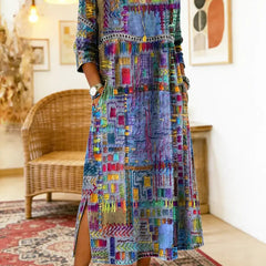 Blue and purple multicolor patchwork ethnic dress with 3/4 sleeves and round neckline, slit