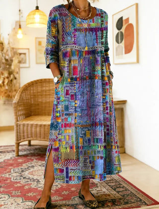 Blue and purple multicolor patchwork ethnic dress with 3/4 sleeves and round neckline, slit