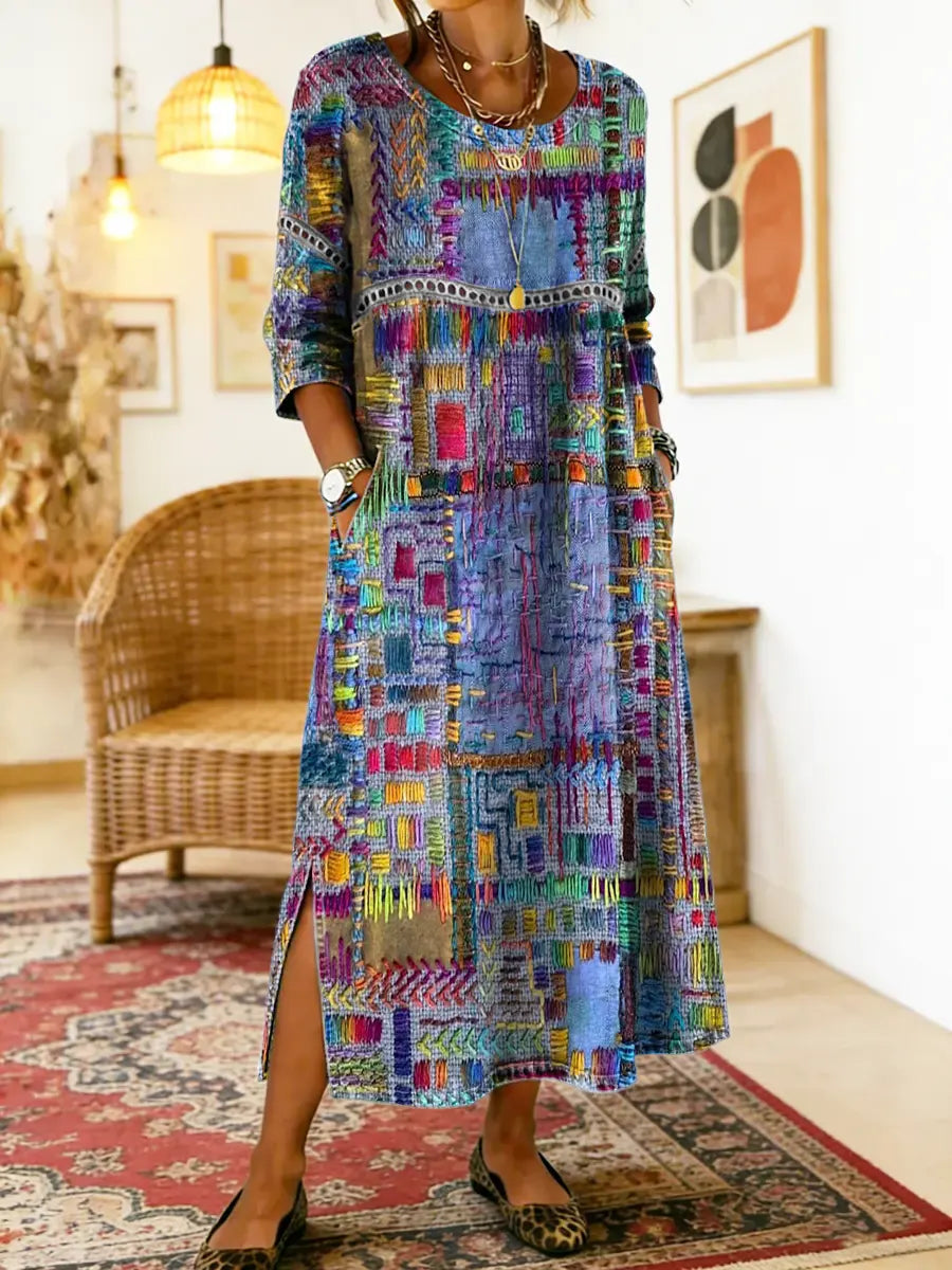 Blue and purple multicolor patchwork ethnic dress with 3/4 sleeves and round neckline, slit