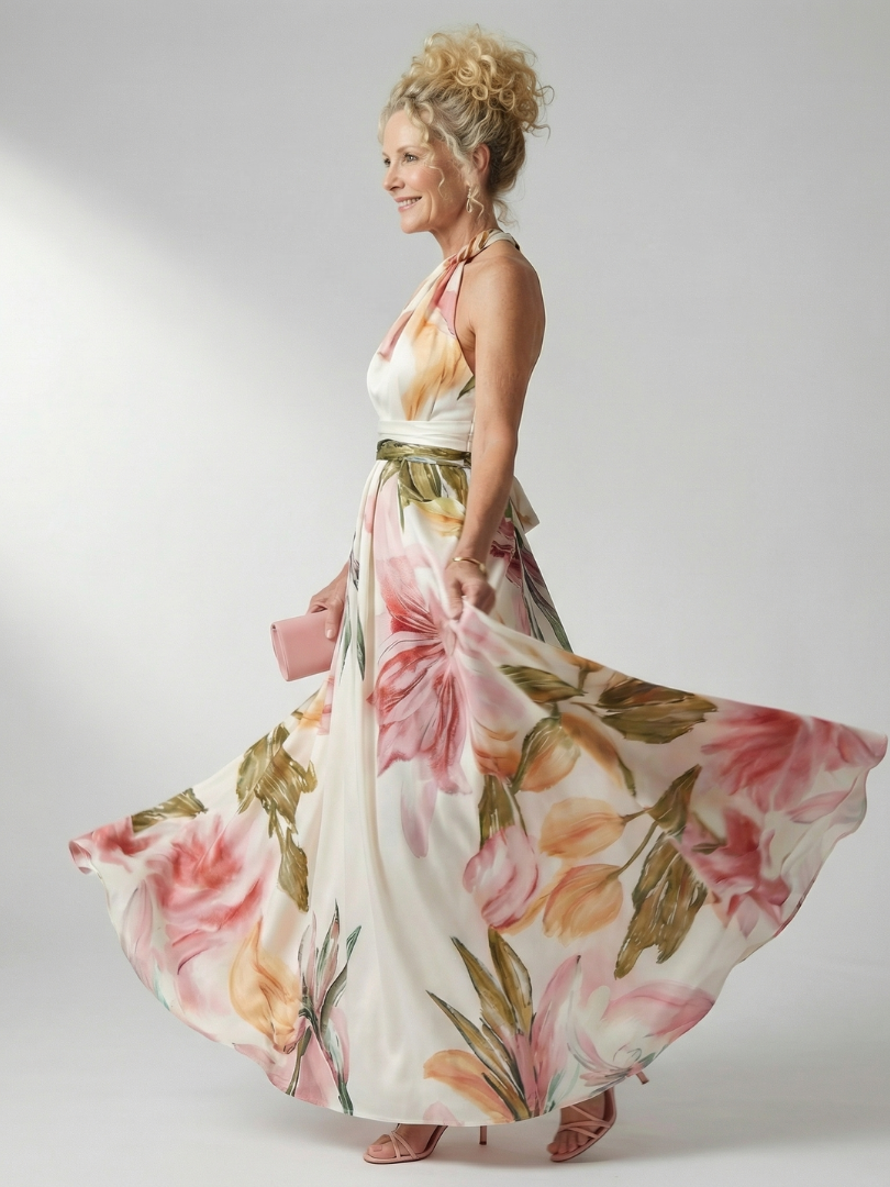 Floral halter maxi dress, cream base with pink rose and green leaf print; flowing skirt
