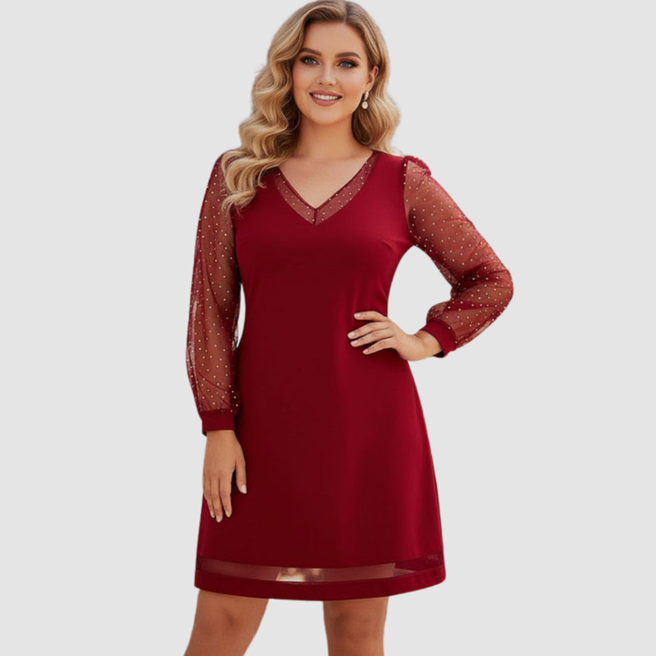 Versie™ elegant dress in red with V-neck, sheer dotted long sleeves, straight skirt hem trim