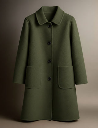 Elio wool coat in army green with notched collar, button front, and two patch pockets.