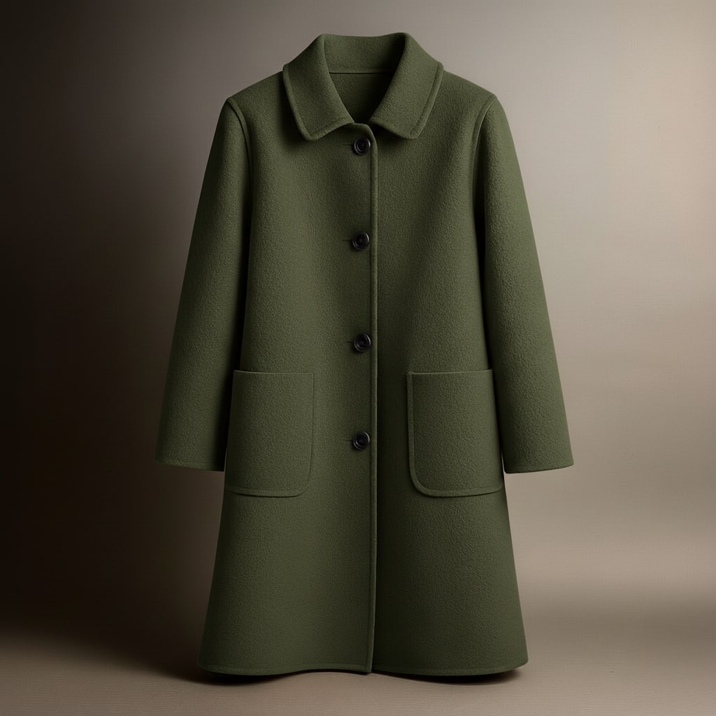 Elio wool coat in army green with notched collar, button front, and two patch pockets.