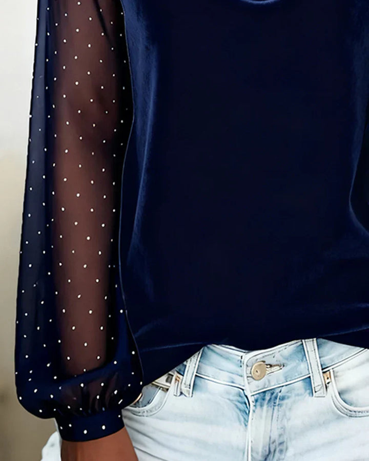 Navy draped-collar V-neck blouse with sheer dotted sleeve detail