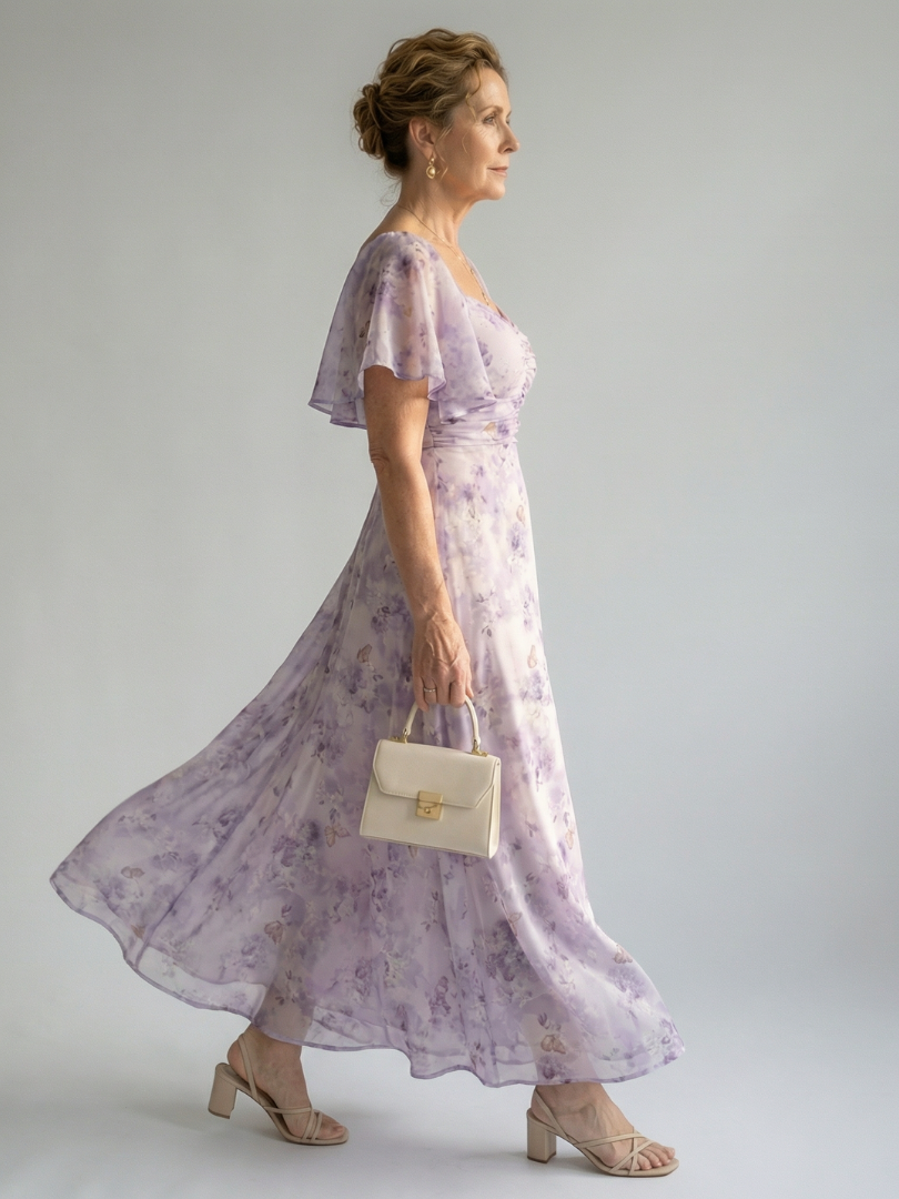 Floral lilac midi dress with flutter sleeves and gathered waist flowing skirt