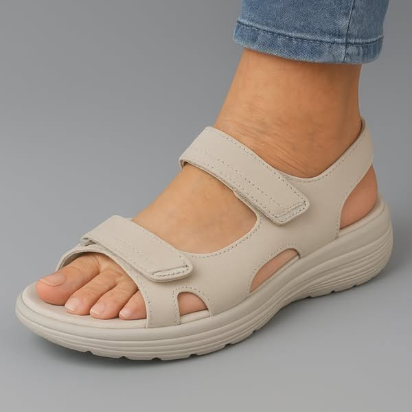 Beige orthopaedic support sandal with adjustable hook-and-loop straps and cushioned sole