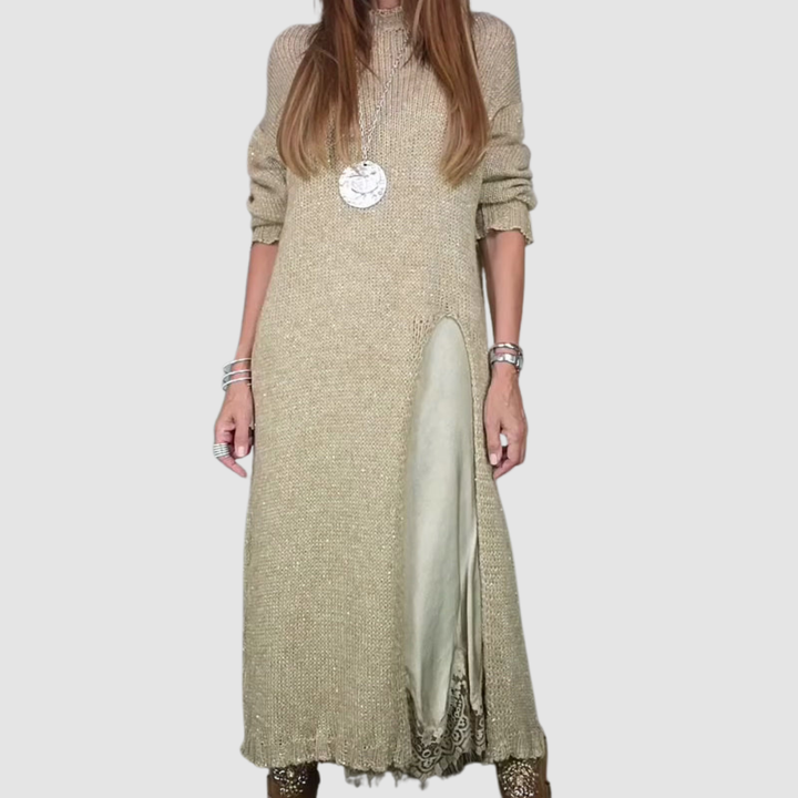 Beige knit maxi dress set with long sleeves, high neck, side-slit satin panel, lace