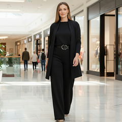 Women's black three-piece suit set: long blazer, belt-waist top, matching trousers