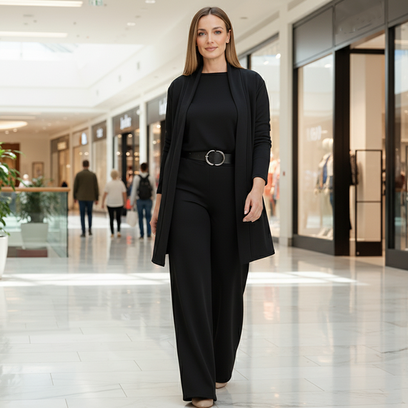 Women's black three-piece suit set: long blazer, belt-waist top, matching trousers