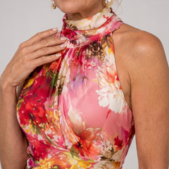 Floral halter neck dress close-up, pink and red scarf-like high neckline