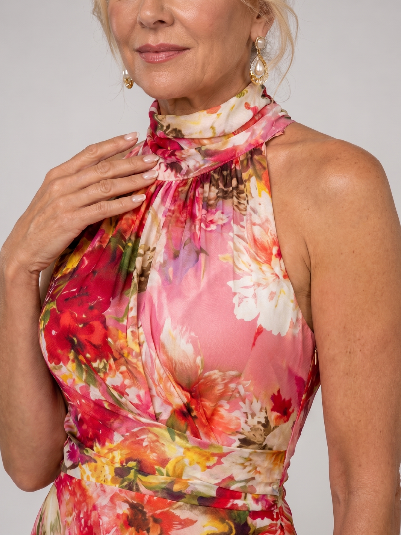 Floral halter neck dress close-up, pink and red scarf-like high neckline
