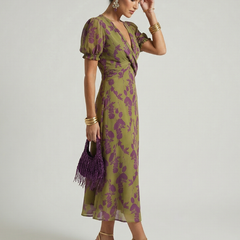 Olive and purple floral midi wrap dress with V-neck, puff sleeves, and tied waist