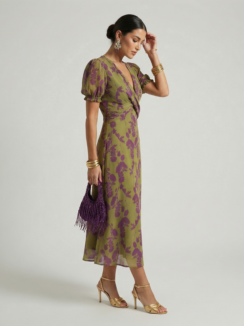Olive and purple floral midi wrap dress with V-neck, puff sleeves, and tied waist