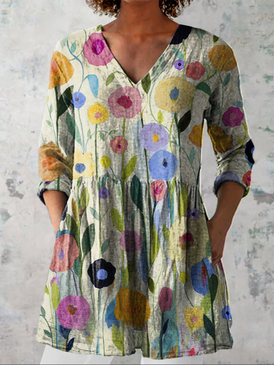 Multicolored long-sleeve V-neck blouse with floral print, gathered waist, loose fit