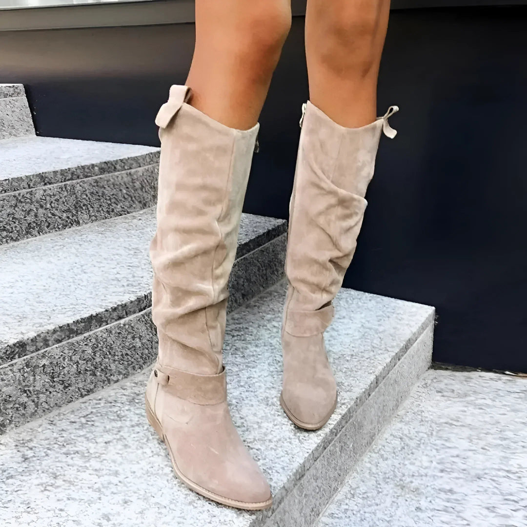 Women's beige suede knee-high boots with side buckle and flat sole