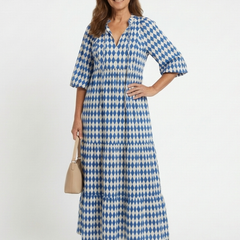 Sky blue diamond print tiered midi dress with V-neck and half sleeves